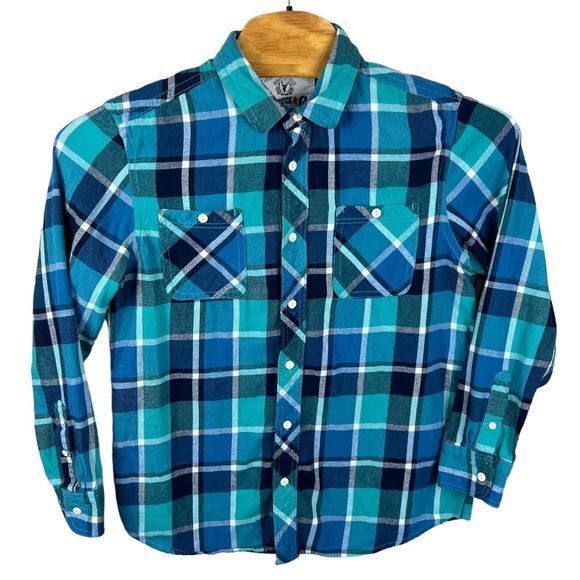 Roebuck & Co Mens Blue Plaid Long Sleeve Button Up Flannel Shirt Large - Picture 2 of 5